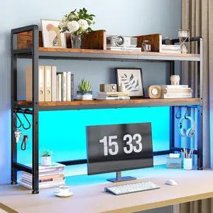 45.2" Desk Shelf with LED Lights and Hooks,2-Tier Adjustable Multipurpose Solid Wood Desk Hutch Dorm,Desktop Organizer Rack with 3 Display Rack for Dorm,Office Home,Rustic Brown 45.2" Desk Shelf with LED Lights and Hooks,2-Tier Adjustable Multipurpose Solid Wood Desk Hutch Dorm,Desktop Organizer Rack with 3 Display Rack for Dorm,Office Home,Rustic Brown