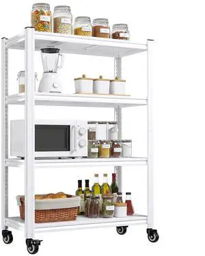 4 Tier Storage Shelves with Wheels, 530LBS Adjustable Pantry Shelves,Metal Shelving Unit for Garage, Pantry, Kitchen, Living Room, Warehouse, Basement, 59.8" H x 31.5" W x 16.5" D, White 4 Tier Storage Shelves with Wheels, 530LBS Adjustable Pantry Shelves,Metal Shelving Unit for Garage, Pantry, Kitchen, Living Room, Warehouse, Basement, 59.8" H x 31.5" W x 16.5" D, White