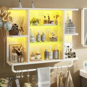 Floating Shelves with LED Lights, 7-Tier Wood Shelf, Wall Mounted Display Shelves with 8 S-Hooks, Wall Shelf for Kitchen, Bedroom, Bathroom, Office, Plants, White Floating Shelves with LED Lights, 7-Tier Wood Shelf, Wall Mounted Display Shelves with 8 S-Hooks, Wall Shelf for Kitchen, Bedroom, Bathroom, Office, Plants, White