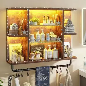 Floating Shelves with LED Lights, 7-Tier Wood Shelf, Wall Mounted Display Shelves with 8 S-Hooks, Wall Shelf for Kitchen, Bedroom, Bathroom, Office, Plants, Rustic Brown Floating Shelves with LED Lights, 7-Tier Wood Shelf, Wall Mounted Display Shelves with 8 S-Hooks, Wall Shelf for Kitchen, Bedroom, Bathroom, Office, Plants, Rustic Brown