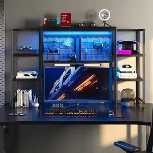 Desk Shelf with LED Light Strip,Adjustable 45.1" Desk Hutch Dorm with 5 Tier Display Shelf Rack,Desktop Bookshelf with Grid Panel & Hooks for Home, Office and Dorm, Black Desk Shelf with LED Light Strip,Adjustable 45.1" Desk Hutch Dorm with 5 Tier Display Shelf Rack,Desktop Bookshelf with Grid Panel & Hooks for Home, Office and Dorm, Black