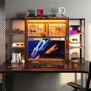 Desk Shelf with LED Light Strip,Adjustable 45.1" Desk Hutch Dorm with 5 Tier Display Shelf Rack,Desktop Bookshelf with Grid Panel & Hooks for Home, Office and Dorm, Rustic Brown Desk Shelf with LED Light Strip,Adjustable 45.1" Desk Hutch Dorm with 5 Tier Display Shelf Rack,Desktop Bookshelf with Grid Panel & Hooks for Home, Office and Dorm, Rustic Brown