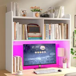 Desk Hutch Dorm for Computer Monitor Up to 27", Dorm Desk Hutch Top Only with RGB Light Strip, Wooden Desktop Bookshelf with 6 Shelves, 3-Tier Desktop Shelf for Home Office Dorm, White Desk Hutch Dorm for Computer Monitor Up to 27", Dorm Desk Hutch Top Only with RGB Light Strip, Wooden Desktop Bookshelf with 6 Shelves, 3-Tier Desktop Shelf for Home Office Dorm, White
