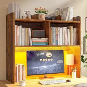 Desk Hutch Dorm for Computer Monitor Up to 27", Dorm Desk Hutch Top Only with RGB Light Strip, Wooden Desktop Bookshelf with 6 Shelves, 3-Tier Desktop Shelf for Home Office Dorm, Rustic Brown Desk Hutch Dorm for Computer Monitor Up to 27", Dorm Desk Hutch Top Only with RGB Light Strip, Wooden Desktop Bookshelf with 6 Shelves, 3-Tier Desktop Shelf for Home Office Dorm, Rustic Brown