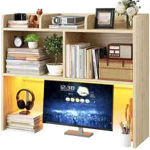 Desk Hutch Dorm for Computer Monitor Up to 27", Dorm Desk Hutch Top Only with RGB Light Strip, Wooden Desktop Bookshelf with 6 Shelves, 3-Tier Desktop Shelf for Home Office Dorm, Wood Color Desk Hutch Dorm for Computer Monitor Up to 27", Dorm Desk Hutch Top Only with RGB Light Strip, Wooden Desktop Bookshelf with 6 Shelves, 3-Tier Desktop Shelf for Home Office Dorm, Wood Color