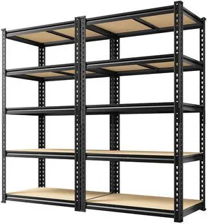 Garage Shelving, 5-Tier Storage Shelves Load 2025LBS, Adjustable Storage Rack for Garage, Pantry, Closet, Steel Frame, 28.1" W x 60" H x 12.1" D, Black, 2PC Garage Shelving, 5-Tier Storage Shelves Load 2025LBS, Adjustable Storage Rack for Garage, Pantry, Closet, Steel Frame, 28.1" W x 60" H x 12.1" D, Black, 2PC