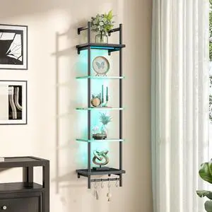 Floating Shelves for Wall, LED Wall Shelves with Hooks, Vertical Display Shelf for Bedroom Living Room Vanity, Carbon Fiber Black Floating Shelves for Wall, LED Wall Shelves with Hooks, Vertical Display Shelf for Bedroom Living Room Vanity, Carbon Fiber Black