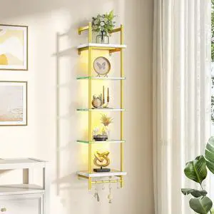 LED Floating Shelves for Wall, 5 Tier Wall Mounted Shelves, Industrial Pipe Shelves with 4 S-Hooks for Living Room, Bedroom, Kitchen, White & Gold LED Floating Shelves for Wall, 5 Tier Wall Mounted Shelves, Industrial Pipe Shelves with 4 S-Hooks for Living Room, Bedroom, Kitchen, White & Gold