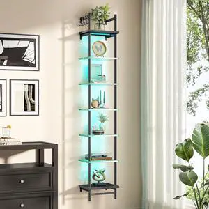 Floating Shelves for Wall, LED Wall Shelves with Hooks, Vertical Display Shelf for Bedroom Living Room Vanity, Carbon Fiber Black Floating Shelves for Wall, LED Wall Shelves with Hooks, Vertical Display Shelf for Bedroom Living Room Vanity, Carbon Fiber Black