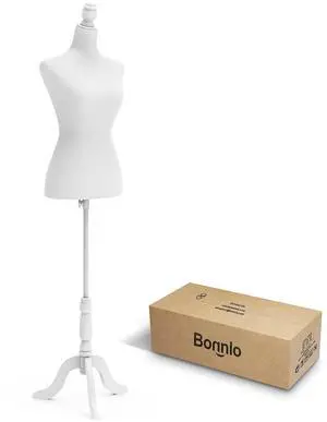 Female Dress Form Pinnable Mannequin Body Torso with Wooden Tripod Base Stand (White, 2-4) Female Dress Form Pinnable Mannequin Body Torso with Wooden Tripod Base Stand (White, 2-4)