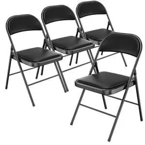 Folding Chair with Comfortable Padded Cushion and Back, Portable Folding Chairs for Outside, Office Events, Weddings, Pu Leather, 4 Black Folding Chair with Comfortable Padded Cushion and Back, Portable Folding Chairs for Outside, Office Events, Weddings, Pu Leather, 4 Black