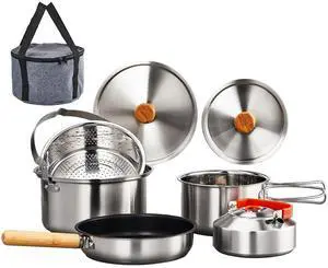 Camping Cookware Set, 6 Pcs 304 Stainless Steel Camp Pots and Pans with Kettle, Steamer Basket & Lids, Travel Tote Bag Included for Outdoor Cooking, Works on Gas, Electric & Induction Cooktops Camping Cookware Set, 6 Pcs 304 Stainless Steel Camp Pots and Pans with Kettle, Steamer Basket & Lids, Travel Tote Bag Included for Outdoor Cooking, Works on Gas, Electric & Induction Cooktops