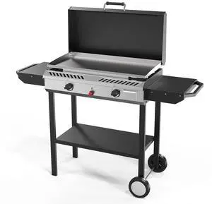 2-in-1 Propane Stove and Griddle, Iginition Outdoor Gas Cooker with Storage Shelf and Portable Wheels, 2 Burner Camping Stove with 150000BTU Output for Backyard Cooking BBQ Frying and Boiling 2-in-1 Propane Stove and Griddle, Iginition Outdoor Gas Cooker with Storage Shelf and Portable Wheels, 2 Burner Camping Stove with 150000BTU Output for Backyard Cooking BBQ Frying and Boiling