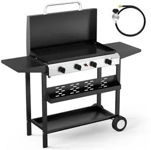 40000BTU Propane Griddle with Lid and Ignition, Standing Flat Top Gas Grill with Storage Shelf and Portable Rolling Wheels, 4 Burner Camping Cooker for Patio Backyard Outdoor Cooking BBQ 40000BTU Propane Griddle with Lid and Ignition, Standing Flat Top Gas Grill with Storage Shelf and Portable Rolling Wheels, 4 Burner Camping Cooker for Patio Backyard Outdoor Cooking BBQ