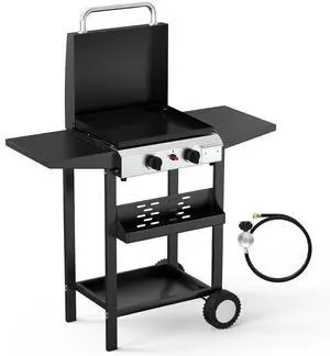 20000BTU Propane Griddle with Lid and Ignition, Standing Flat Top Gas Grill with Portable Rolling Wheels and Storage Shelf, 2 Burner Camping Cooker for Patio Backyard Outdoor Cooking BBQ 20000BTU Propane Griddle with Lid and Ignition, Standing Flat Top Gas Grill with Portable Rolling Wheels and Storage Shelf, 2 Burner Camping Cooker for Patio Backyard Outdoor Cooking BBQ