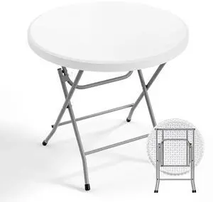 Round Folding Table 32 inch, HDPE Plastic Small Tabletop with Steel Frame Foldable Card Table for Indoor Outdoor Outside Dining, Party and Commercial Event, White Round Folding Table 32 inch, HDPE Plastic Small Tabletop with Steel Frame Foldable Card Table for Indoor Outdoor Outside Dining, Party and Commercial Event, White