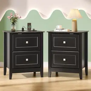 VINGLI 18.9" W Black Nightstand Set of 2 with Charging Station, Night Stands Set of 2 Black Bedside Table, Modern Night Stands Bedroom, Wooden Nightstands with Drawers, 18.9" W*13.78" D*23.62" H VINGLI 18.9" W Black Nightstand Set of 2 with Charging Station, Night Stands Set of 2 Black Bedside Table, Modern Night Stands Bedroom, Wooden Nightstands with Drawers, 18.9" W*13.78" D*23.62" H