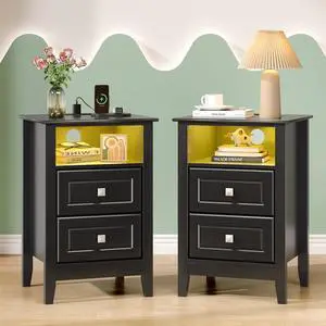 Black Nightstand Set of 2 with Charging Station & Led Night Stands Black Bedside Tables Set of 2, Led Smart Nightstand with Drawers for Bedroom, 15.75" W*13.78" D*23.62" H Black Nightstand Set of 2 with Charging Station & Led Night Stands Black Bedside Tables Set of 2, Led Smart Nightstand with Drawers for Bedroom, 15.75" W*13.78" D*23.62" H