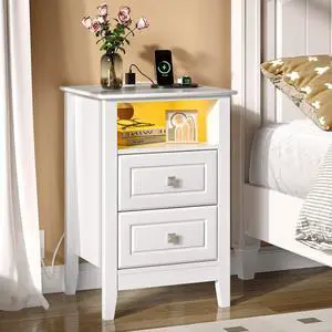 White Night Stand with Charging Station, Led Nightstand White Wood Nightstand with Drawers and Led Lights, Wooden Nightstand for Bedroom, 15.75" W*13.78" D*23.62" H White Night Stand with Charging Station, Led Nightstand White Wood Nightstand with Drawers and Led Lights, Wooden Nightstand for Bedroom, 15.75" W*13.78" D*23.62" H