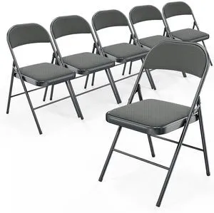 Folding Chair, Fabric Padded Folding Chairs with Cushion, Back and Steel Frame for Indoor Outdoor Outside Dinning Office Camping Use, Gray, 6 Pack Folding Chair, Fabric Padded Folding Chairs with Cushion, Back and Steel Frame for Indoor Outdoor Outside Dinning Office Camping Use, Gray, 6 Pack
