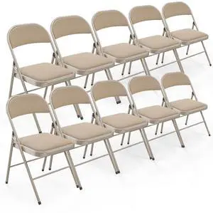 Folding Chair, Fabric Padded Folding Chairs with Cushion, Back and Steel Frame for Indoor Outdoor Outside Dinning Office Camping Use, Khaki, 10 Pack Folding Chair, Fabric Padded Folding Chairs with Cushion, Back and Steel Frame for Indoor Outdoor Outside Dinning Office Camping Use, Khaki, 10 Pack