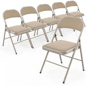 Folding Chair, Fabric Padded Folding Chairs with Cushion, Back and Steel Frame for Indoor Outdoor Outside Dinning Office Camping Use, Khaki, 6 Pack Folding Chair, Fabric Padded Folding Chairs with Cushion, Back and Steel Frame for Indoor Outdoor Outside Dinning Office Camping Use, Khaki, 6 Pack