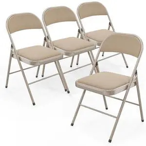 Folding Chair, Fabric Padded Folding Chairs with Cushion, Back and Steel Frame for Indoor Outdoor Outside Dinning Office Camping Use, Khaki, 4 Pack Folding Chair, Fabric Padded Folding Chairs with Cushion, Back and Steel Frame for Indoor Outdoor Outside Dinning Office Camping Use, Khaki, 4 Pack