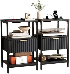 Fluted Nightstand Set of 2, Fabric Dresser with 2 Drawers and 1 Shelf, Bedside Table/End Table with Charging Station, Nightstand for Bedroom, Livingroom, College Dorm, Black Fluted Nightstand Set of 2, Fabric Dresser with 2 Drawers and 1 Shelf, Bedside Table/End Table with Charging Station, Nightstand for Bedroom, Livingroom, College Dorm, Black