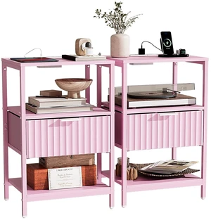 Fluted Nightstand Set of 2, End Table with Fabric Drawer with Charging Station, Night Stand with Storage Shelf & Handle, Fluted Side Table for Bedroom/Living Room,Pink Fluted Nightstand Set of 2, End Table with Fabric Drawer with Charging Station, Night Stand with Storage Shelf & Handle, Fluted Side Table for Bedroom/Living Room,Pink