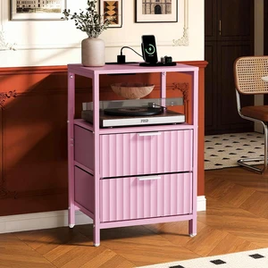 Fluted Nightstand, Fabric Dresser with 2 Drawers and 1 Shelf, Bedside Table/End Table with Charging Station, Nightstand for Bedroom, Livingroom, College Dorm, Pink Fluted Nightstand, Fabric Dresser with 2 Drawers and 1 Shelf, Bedside Table/End Table with Charging Station, Nightstand for Bedroom, Livingroom, College Dorm, Pink