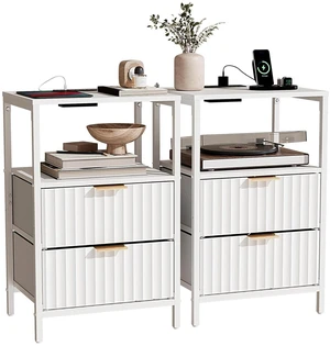 Fluted Nightstand Set of 2, Fabric Dresser with 2 Drawers and 1 Shelf, Bedside Table/End Table with Charging Station, Nightstand for Bedroom, Livingroom, College Dorm, White Fluted Nightstand Set of 2, Fabric Dresser with 2 Drawers and 1 Shelf, Bedside Table/End Table with Charging Station, Nightstand for Bedroom, Livingroom, College Dorm, White