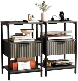 Fluted Nightstand Set of 2, End Table with Fabric Drawer with Charging Station, Night Stand with Storage Shelf & Handle, Fluted Side Table for Bedroom/Living Room,Grey Fluted Nightstand Set of 2, End Table with Fabric Drawer with Charging Station, Night Stand with Storage Shelf & Handle, Fluted Side Table for Bedroom/Living Room,Grey