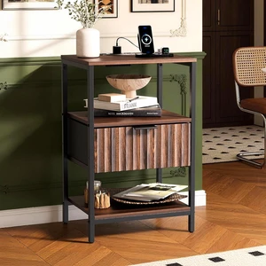Fluted Nightstand with Charging Station, End Table with Fabric Drawer, Night Stand with Storage Shelf & Handle, Fluted Side Table for Bedroom/Living Room,Walunt Fluted Nightstand with Charging Station, End Table with Fabric Drawer, Night Stand with Storage Shelf & Handle, Fluted Side Table for Bedroom/Living Room,Walunt