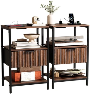 Fluted Nightstand Set of 2, Fabric Dresser with 2 Drawers and 1 Shelf, Bedside Table/End Table with Charging Station, Nightstand for Bedroom, Livingroom, College Dorm, Walunt Fluted Nightstand Set of 2, Fabric Dresser with 2 Drawers and 1 Shelf, Bedside Table/End Table with Charging Station, Nightstand for Bedroom, Livingroom, College Dorm, Walunt