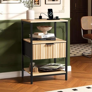 Fluted Nightstand with Charging Station, End Table with Fabric Drawer, Night Stand with Storage Shelf & Handle, Fluted Side Table for Bedroom/Living Room, Oak Fluted Nightstand with Charging Station, End Table with Fabric Drawer, Night Stand with Storage Shelf & Handle, Fluted Side Table for Bedroom/Living Room, Oak