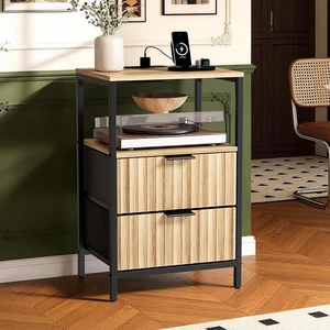 Fluted Nightstand, Fabric Dresser with 2 Drawers and 1 Shelf, Bedside Table/End Table with Charging Station, Nightstand for Bedroom, Livingroom, College Dorm, Oak Fluted Nightstand, Fabric Dresser with 2 Drawers and 1 Shelf, Bedside Table/End Table with Charging Station, Nightstand for Bedroom, Livingroom, College Dorm, Oak