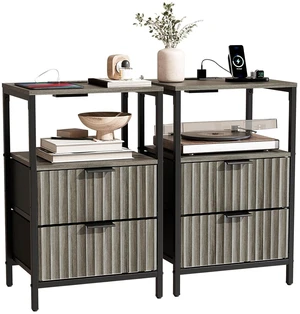Fluted Nightstand Set of 2, Fabric Dresser with 2 Drawers and 1 Shelf, Bedside Table/End Table with Charging Station, Nightstand for Bedroom, Livingroom, College Dorm, Grey Fluted Nightstand Set of 2, Fabric Dresser with 2 Drawers and 1 Shelf, Bedside Table/End Table with Charging Station, Nightstand for Bedroom, Livingroom, College Dorm, Grey