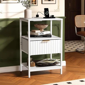 Fluted Nightstand with Charging Station, End Table with Fabric Drawer, Night Stand with Storage Shelf & Handle, Fluted Side Table for Bedroom/Living Room, White Fluted Nightstand with Charging Station, End Table with Fabric Drawer, Night Stand with Storage Shelf & Handle, Fluted Side Table for Bedroom/Living Room, White