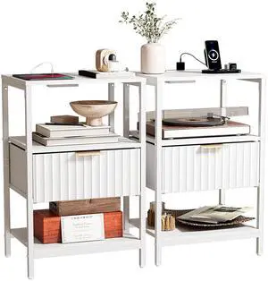 Fluted Nightstand Set of 2, Fabric Dresser with 2 Drawers and 1 Shelf, Bedside Table/End Table with Charging Station, Nightstand for Bedroom, Livingroom, College Dorm, White Fluted Nightstand Set of 2, Fabric Dresser with 2 Drawers and 1 Shelf, Bedside Table/End Table with Charging Station, Nightstand for Bedroom, Livingroom, College Dorm, White