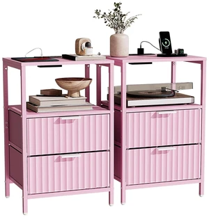 Fluted Nightstand Set of 2, Fabric Dresser with 2 Drawers and 1 Shelf, Bedside Table/End Table with Charging Station, Nightstand for Bedroom, Livingroom, College Dorm, Pink Fluted Nightstand Set of 2, Fabric Dresser with 2 Drawers and 1 Shelf, Bedside Table/End Table with Charging Station, Nightstand for Bedroom, Livingroom, College Dorm, Pink