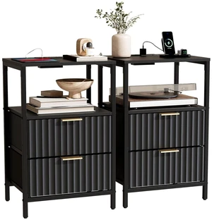Fluted Nightstand Set of 2, Fabric Dresser with 2 Drawers and 1 Shelf, Bedside Table/End Table with Charging Station, Nightstand for Bedroom, Livingroom, College Dorm, Black Fluted Nightstand Set of 2, Fabric Dresser with 2 Drawers and 1 Shelf, Bedside Table/End Table with Charging Station, Nightstand for Bedroom, Livingroom, College Dorm, Black