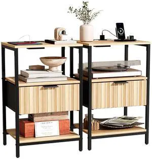 Fluted Nightstand Set of 2, End Table with Fabric Drawer with Charging Station, Night Stand with Storage Shelf & Hook, Fluted Side Table for Bedroom/Living Room,Oak Fluted Nightstand Set of 2, End Table with Fabric Drawer with Charging Station, Night Stand with Storage Shelf & Hook, Fluted Side Table for Bedroom/Living Room,Oak