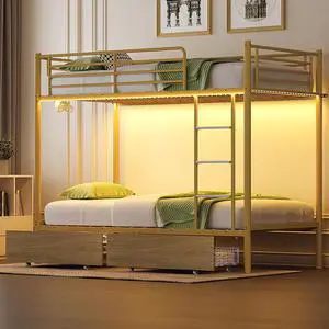 Metal Bunk Bed Frame Twin Over Twin with 2 Drawers, LED Lights, Safety Guardrail & Ladder, Charging Station, for Kids, Teens & Adults, Space-Saving, No Box Spring Needed, Gold Metal Bunk Bed Frame Twin Over Twin with 2 Drawers, LED Lights, Safety Guardrail & Ladder, Charging Station, for Kids, Teens & Adults, Space-Saving, No Box Spring Needed, Gold
