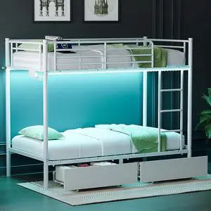 Metal Bunk Bed Frame Twin Over Twin with 2 Drawers, LED Lights, Safety Guardrail & Ladder, Charging Station, for Kids, Teens & Adults, Space-Saving, No Box Spring Needed, White Metal Bunk Bed Frame Twin Over Twin with 2 Drawers, LED Lights, Safety Guardrail & Ladder, Charging Station, for Kids, Teens & Adults, Space-Saving, No Box Spring Needed, White
