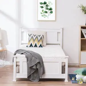 Twin Size Solid Wood Platform Bed Frame, Single Bed with Headboard, No Box Spring Needed Panel Bed, Wood Slat Support Mattress Foundation, White Twin Size Solid Wood Platform Bed Frame, Single Bed with Headboard, No Box Spring Needed Panel Bed, Wood Slat Support Mattress Foundation, White