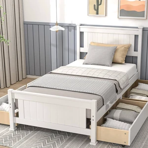 Twin Size Solid Wood Platform Bed Frame with 4 Storage Drawers, Single Bed with Headboard, No Box Spring Needed Panel Bed, Wood Slat Support Mattress Foundation, White Twin Size Solid Wood Platform Bed Frame with 4 Storage Drawers, Single Bed with Headboard, No Box Spring Needed Panel Bed, Wood Slat Support Mattress Foundation, White