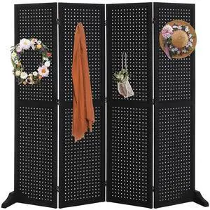 4 Panel Pegboard Freestanding, 5 FT Portable Display Board Organizer for Craft Show Jewelry, Wooden Folding Privacy Screen Room Divider (with Base, Black) 4 Panel Pegboard Freestanding, 5 FT Portable Display Board Organizer for Craft Show Jewelry, Wooden Folding Privacy Screen Room Divider (with Base, Black)