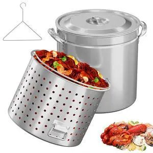 102QT Stainless Steel Stock Pot for Boiling Seafood, Crawfish lobster & Crab, Frying Turkey & Steaming Tamales, Large Boil Pot with Steamer Basket, Lid, Lifting Hook for Outdoor Cooking Patio 102QT Stainless Steel Stock Pot for Boiling Seafood, Crawfish lobster & Crab, Frying Turkey & Steaming Tamales, Large Boil Pot with Steamer Basket, Lid, Lifting Hook for Outdoor Cooking Patio