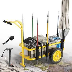 Beach Fishing Cart, Beach Wagon Trolley with 12" Big No-Flat Airless Tires, Foldable Beach Trailer with Large 36" x 16" Cargo Basket, 250 lbs Load Capacity, 7 Fishing Rods Holder Beach Fishing Cart, Beach Wagon Trolley with 12" Big No-Flat Airless Tires, Foldable Beach Trailer with Large 36" x 16" Cargo Basket, 250 lbs Load Capacity, 7 Fishing Rods Holder