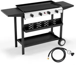 4 Burner Portable Propane Griddle, 40,000BTU Gas Grill with Enameled Tray, Rolling Flat Top Grill with Electronic Ignition, Side Shelve & Regulator, Ideal for Outdoor Patio Cooking BBQ 4 Burner Portable Propane Griddle, 40,000BTU Gas Grill with Enameled Tray, Rolling Flat Top Grill with Electronic Ignition, Side Shelve & Regulator, Ideal for Outdoor Patio Cooking BBQ